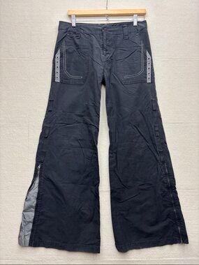 Vintage Caffeine rave Black Wide Leg Cargo Pants with Side Zips 7